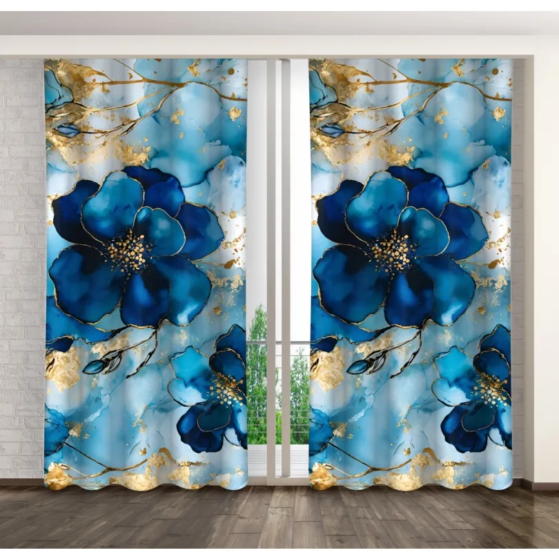 Dekoračný záves s  výraznými modrými kvetmi