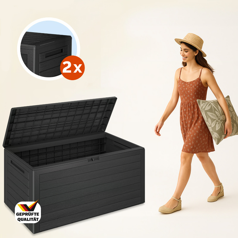 Ladă de depozitare pentru grădină Woody 280 l - antracit, aspect lemn, impermeabilă