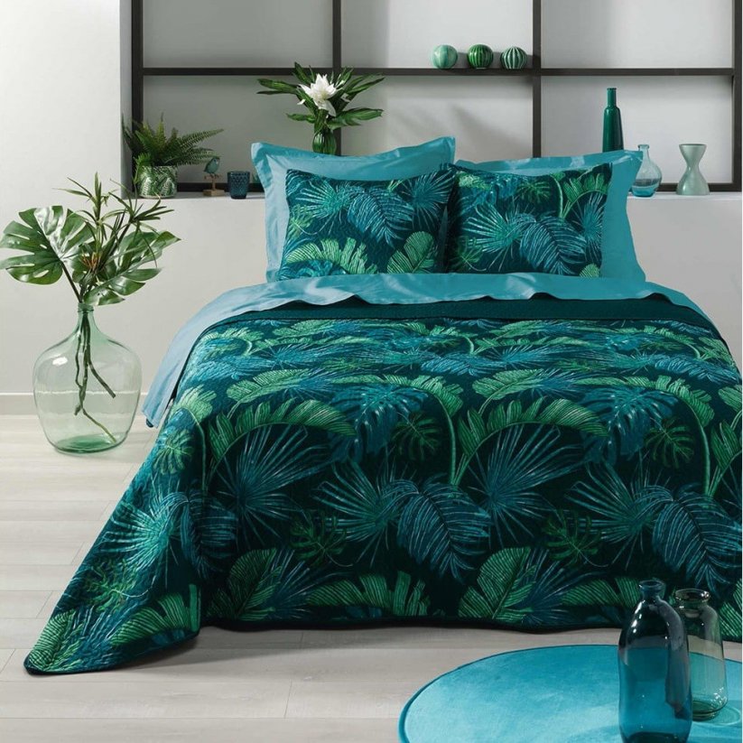 Cuvertură de pat verde luxoasă, cu un motiv de frunze 220 x 240 cm