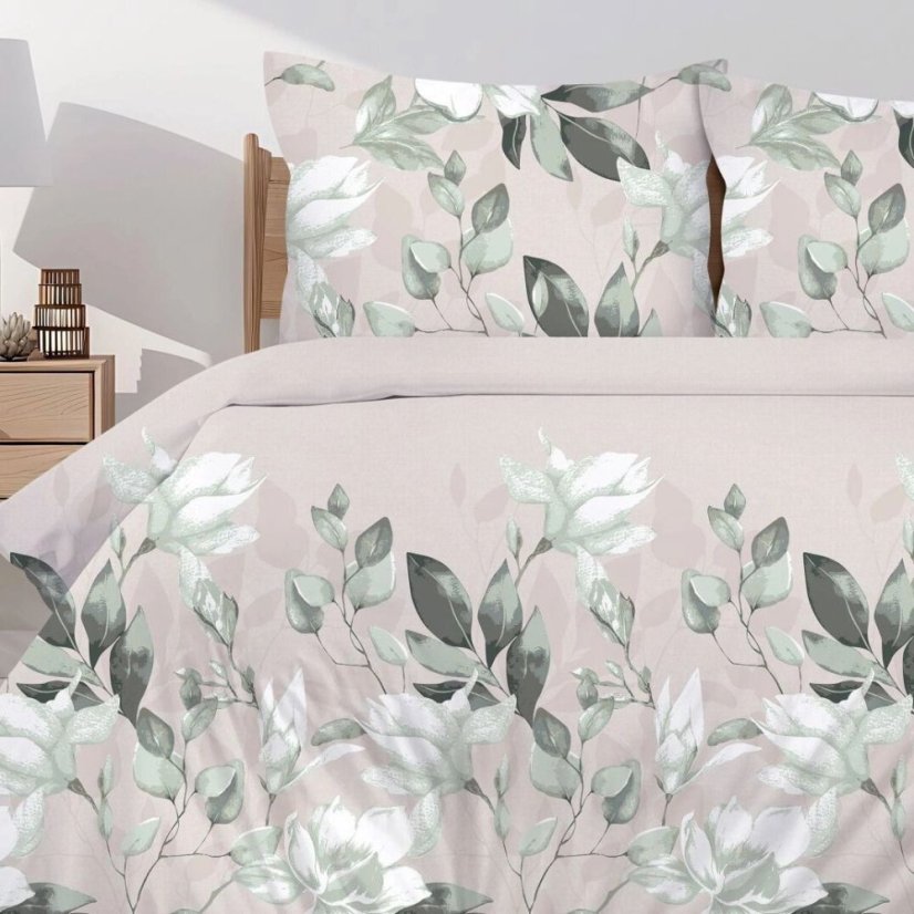 Prémiové bavlněné ložní prádlo - béžové se zelenými květy