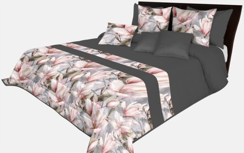 Prehoz na posteľ v antracitovej farbe s jemným vzorom pivónii