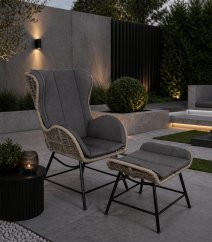 Zahradní křeslo s podnožkou – sada z technoratanu s polštáři na terasu a balkon
