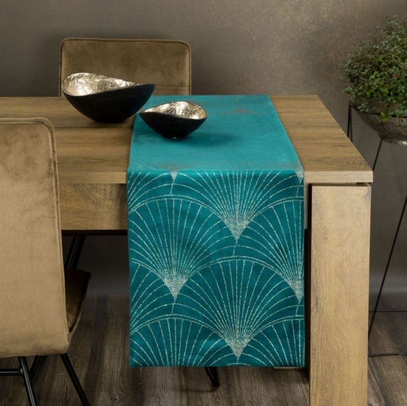 Bársony középső terítő fényes türkizkék mintával - Asztalterítő mérete: Szélesség: 35 cm | Hosszúság: 180 cm