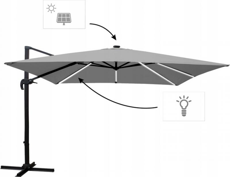 Šedý zahradní slunečník s LED osvětlením 3 x 4 m