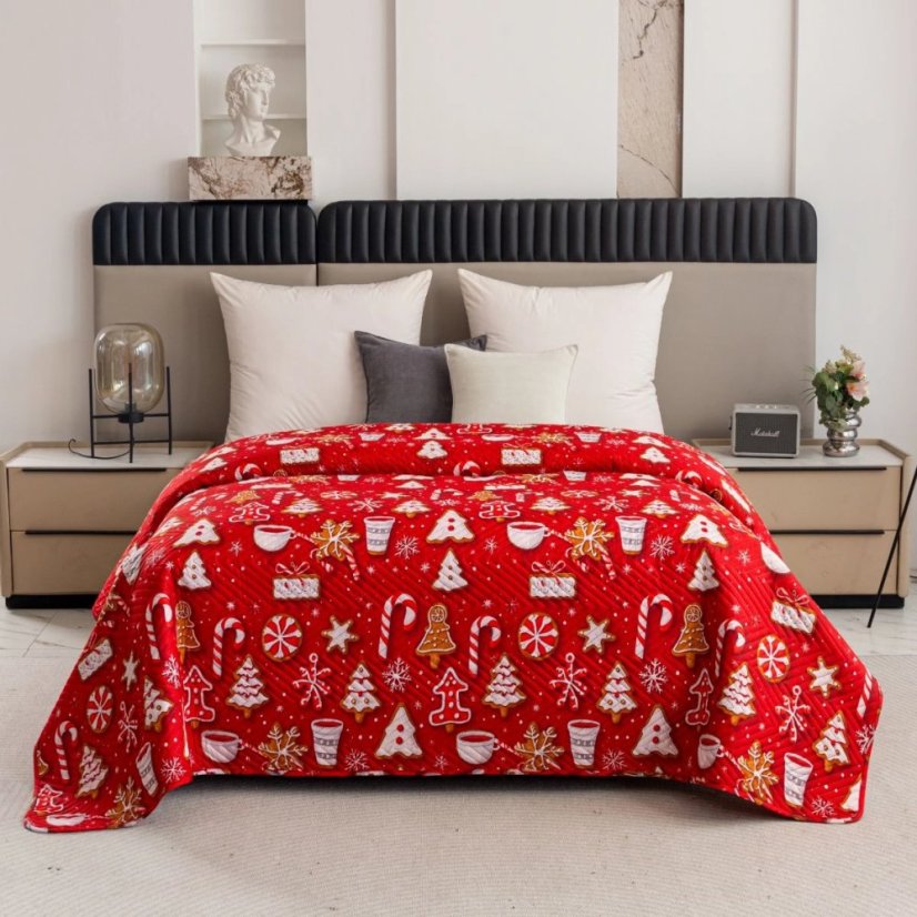 Vianočný prehoz na posteľ, červený, s motívom vianočného pečiva