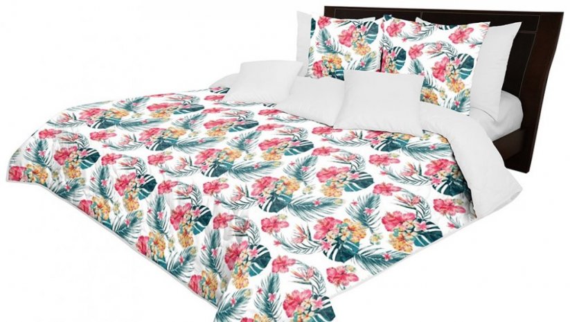 Cuvertură de pat albă, elegantă, cu un motiv tropical colorat