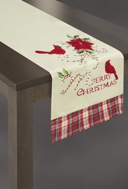 Krémová vianočná štóla na stôl s červeným kvetom a vtáčikmi