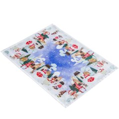 Tovaglia natalizia - bianca e blu con motivo di pupazzi di neve ed elfi