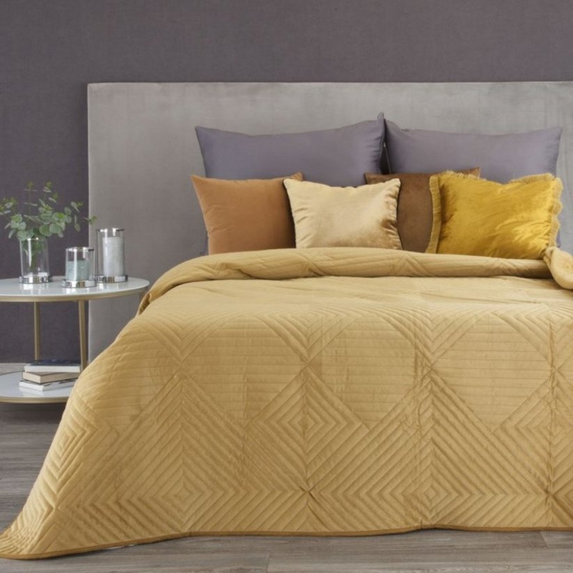 Cuvertură de pat din catifea, cu formă geometrică în galben
