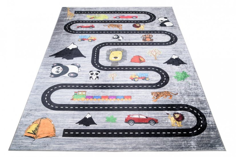 Kinderteppich mit Straßen-, Auto- und Tiermotiv
