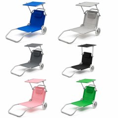 Plážové ležadlo 2v1 s kolieskami a strieškou – skladacie lehátko s vozíkom a vankúšom