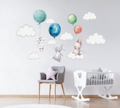 Nálepka na stenu so zajačikmi a farebnými balónmi 76 x 200 cm