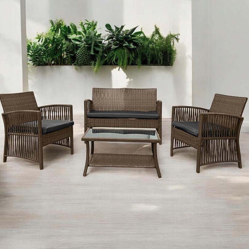 Záhradný set NM-02 z kvalitného technoratanu - hnedý + sivé vankúše