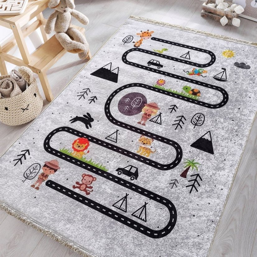 Grauer Teppich für Kinder - Safari-Trip