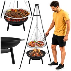 Kerti grill háromlábú állvánnyal – 58 cm-es, felfüggesztett rozsdamentes acél rács tűztérrel