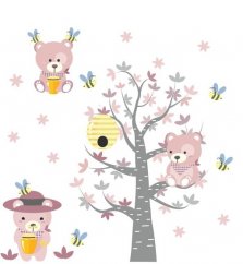 Autocolant frumos de perete pentru copii, cu ursuleți roz și albine