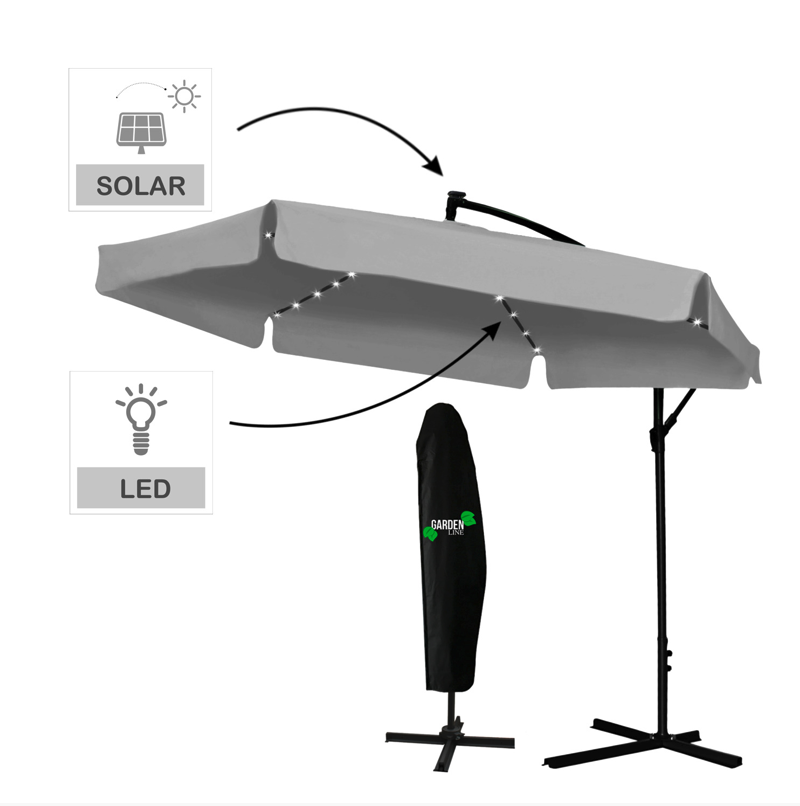 Сив градински чадър със стойка и LED осветление