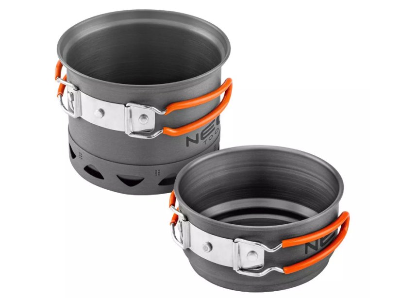 Sada kempingových hrnců a pánví 2 v 1, eloxovaný hliník, 900 + 500 ml