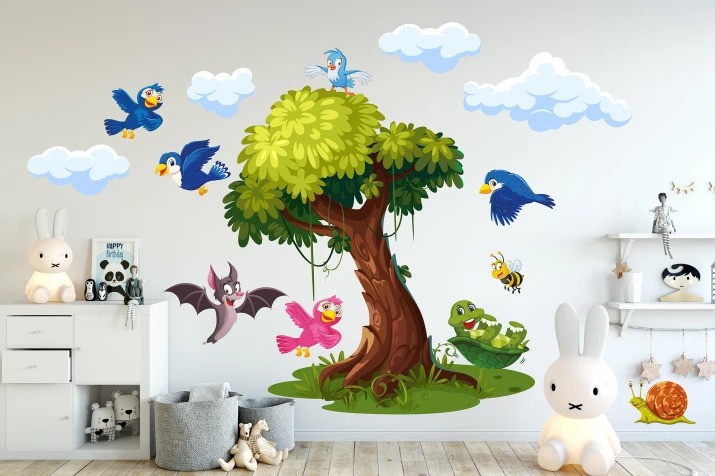 Autocolant de perete pentru copac copii și păsări fericite - Mărimea: 120 x 240 cm
