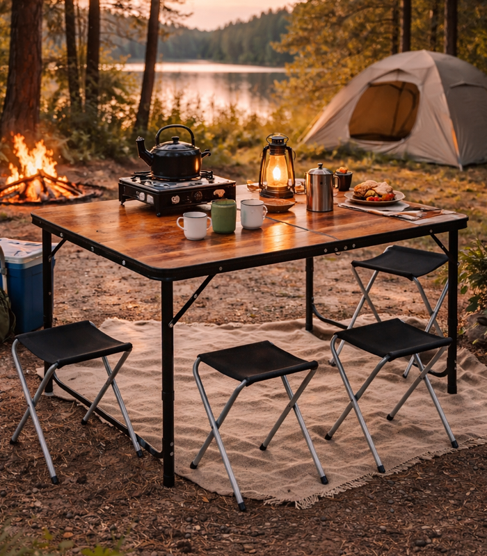 Kempingový skladací stôl so stoličkami – turistický set pre 4 osoby