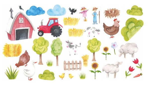 Adesivo decorativo da parete per bambini con disegni fattoria - Misure: 100 x 200 cm