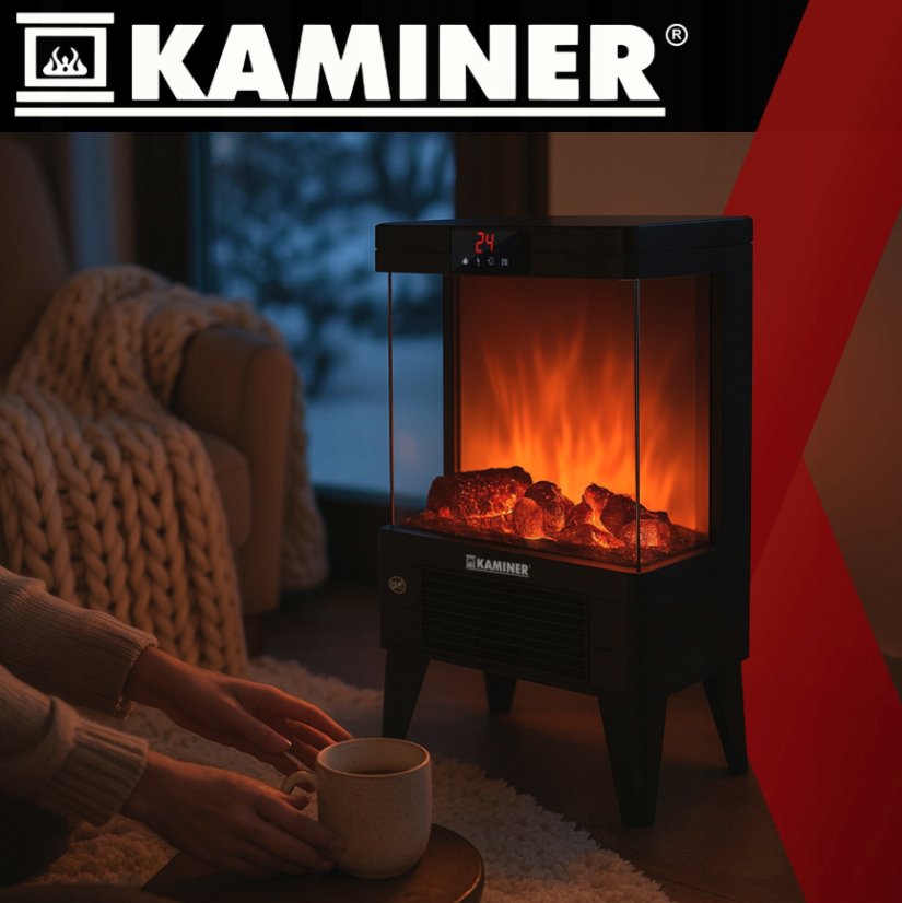 Elektrokamin KAMINER EMBEGO 2000W - Freistehender Kamin mit Ventilator und 3D-Feuereffekt