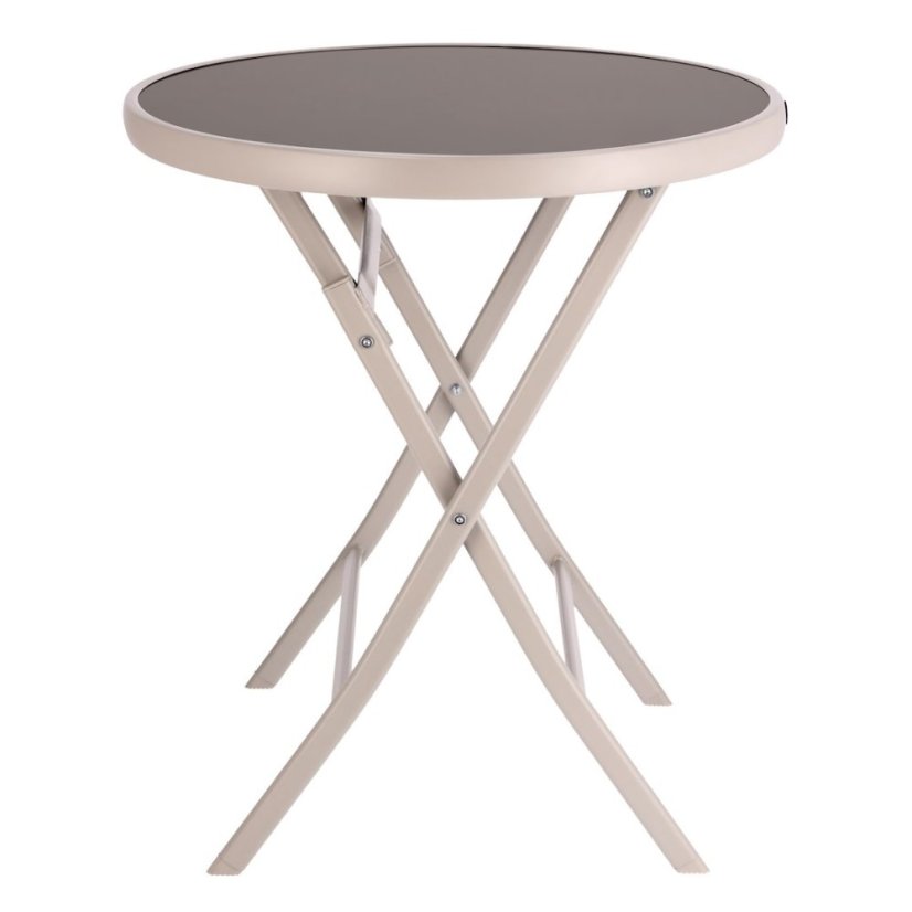 Masă pliabilă din metal, de culoare bej, pentru balcoane și terase, 60 cm, cu blat din sticlă