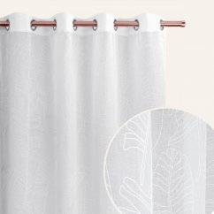Bela zavesa Flory z vzorcem listov in srebrnimi vponkami 140 x 280 cm