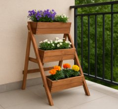 Drevený stojan na kvety — 3-poschodový kvetináč z prírodného dreva
