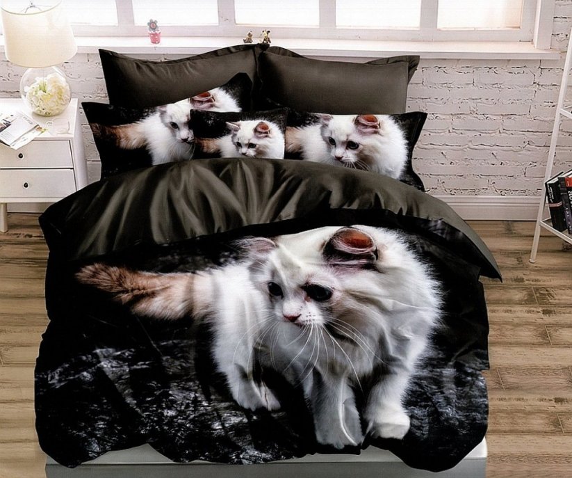 Lenjerie de pat neagră elegantă, cu motiv cu pisică albă