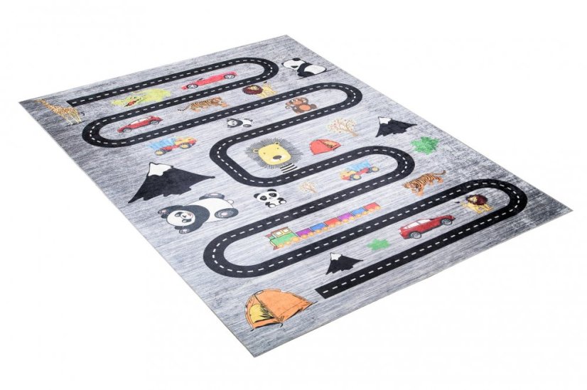 Kinderteppich mit Straßen-, Auto- und Tiermotiv