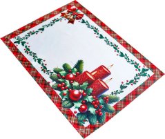 Tovaglia natalizia bianca con bordo a quadretti rossi e verdi e candele