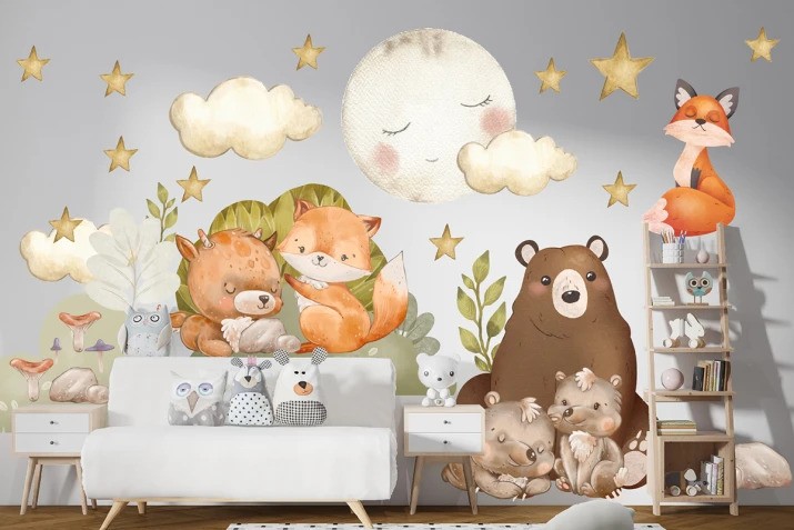 Autocolant de perete pentru copii animale din pădure și cer de noapte - Mărimea: 80 x 160 cm
