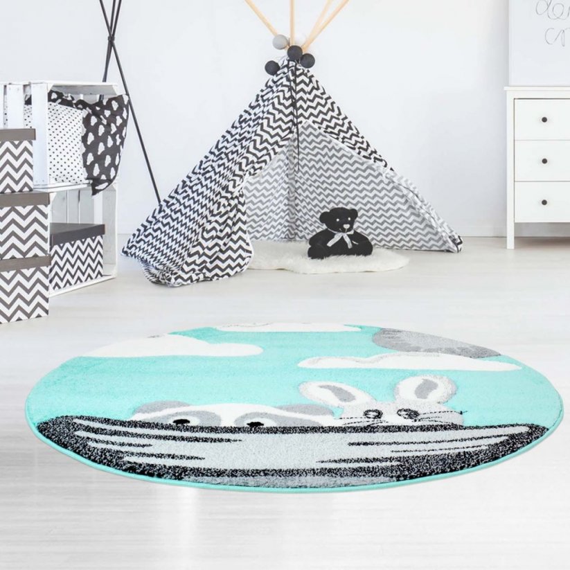 Mentolový okrúhly koberec do detskej izby s motívom zvieratká