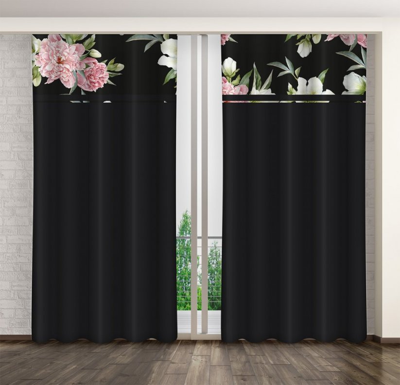 Egyszerű fekete függöny rózsaszín és fehér pünkösdi rózsaszínű függönyökkel - Méret: Szélesség: 160 cm | Hossz: 250 cm