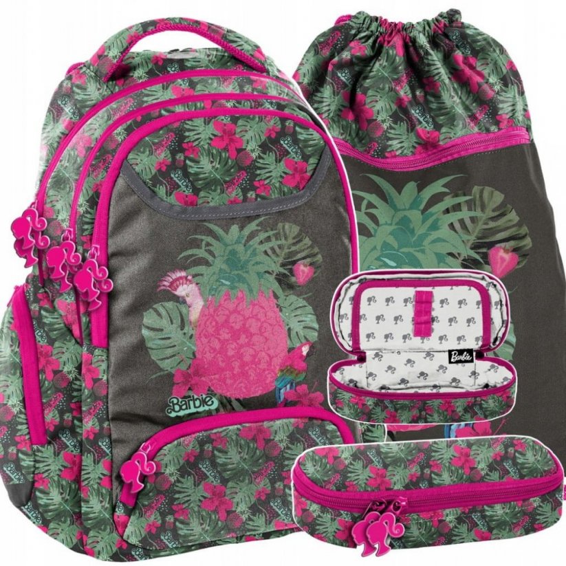 Schöner grün-pinker Schulrucksack mit Federmäppchen und Tasche