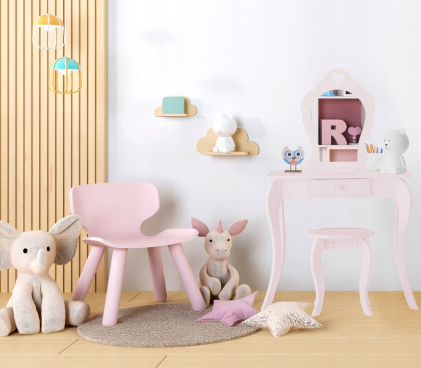 Ružový detský toaletný stolík s taburetkou