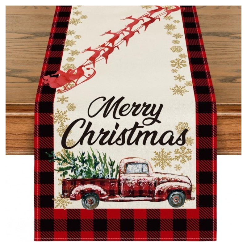 Vánoční lněný běhoun s potiskem - 180 x 33 cm