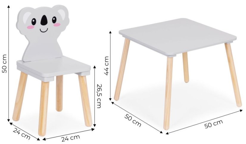 Gyermekbútor - asztal és 2 szék koala alakú háttámlával