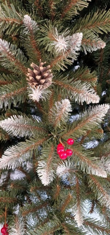 Čudovito božično drevo okrašeno z jerebiko in borovimi storži 220 cm