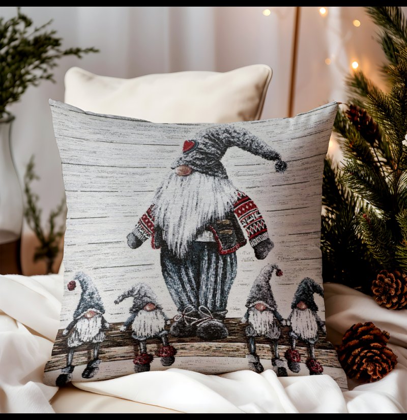 Vianočná gobelínová obliečka na vankúš Šedí škriatkovia