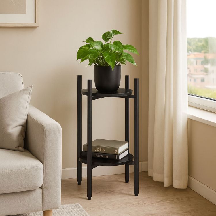 Suport pentru flori Loft - raft cu 2 etaje cu rafturi negre rotunde