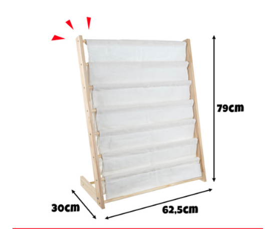 Gyermek könyvespolc, fa polc, 6 szövetpolccal 79 x 62,5 x 30 cm