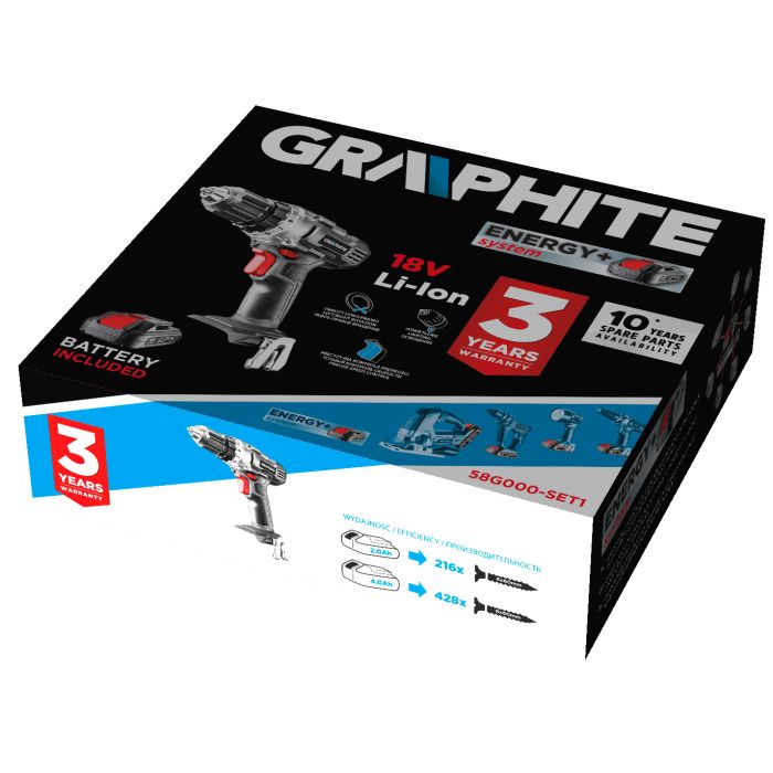 Aku vŕtačka Energy+ 18V, 58G000-SET1 GRAPHITE