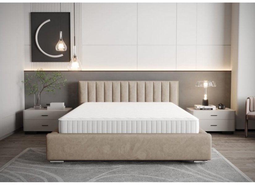 Moderní čalouněná postel s vertikálním prošíváním na čele v béžové barvě 180 x 200 cm Moderní čalouněná postel s vertikálním prošíváním na čele v béžové barvě 180 x 200 cm