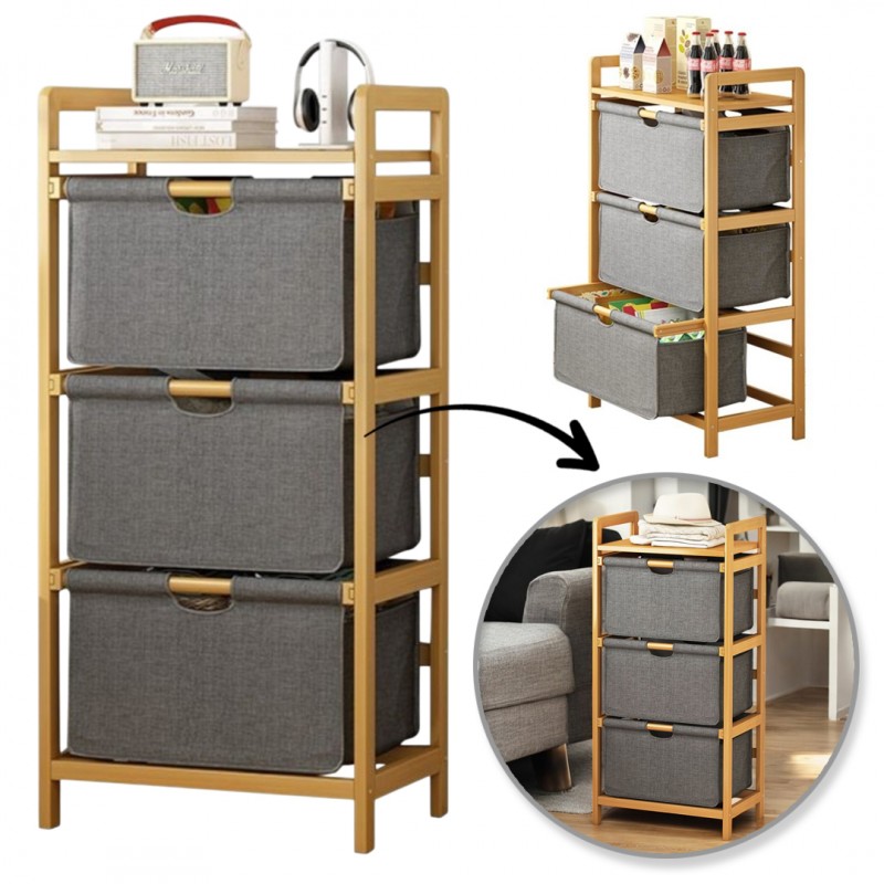 Bambusz polc könnyű, tartós szövetből készült fiókokkal