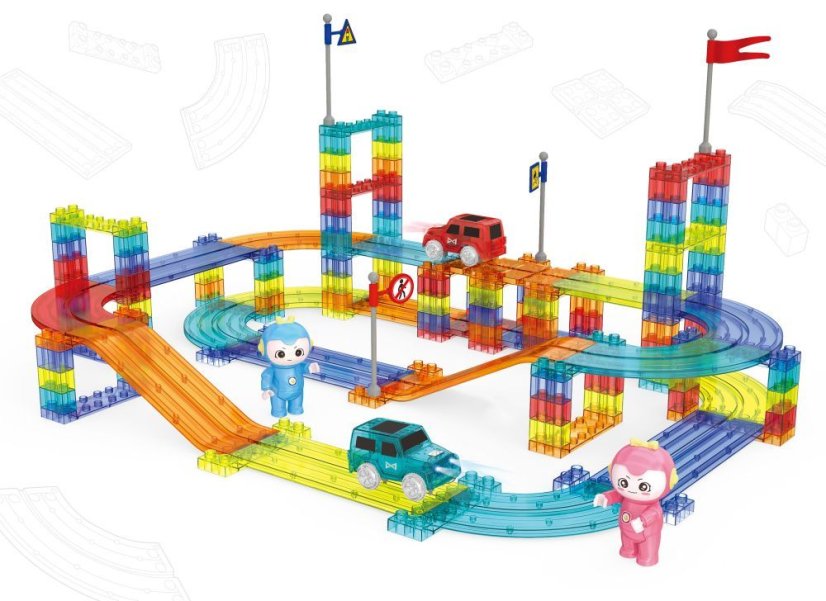 Magnetická stavebnica pre deti – 154-dielna stavebnica s autíčkami a LED podsvietením