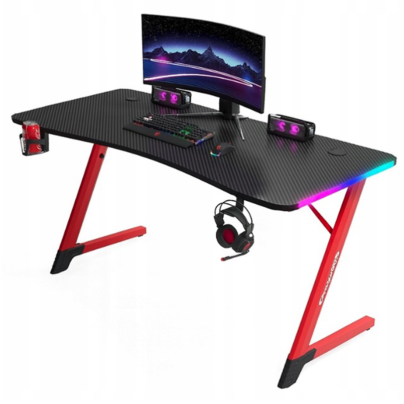 Čierno-červený herný stôl, PC stôl s LED osvetlením RGB