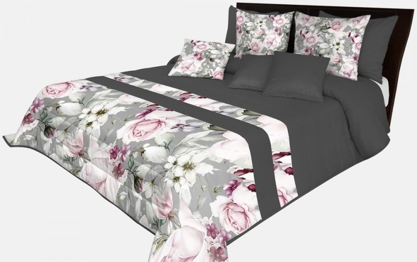 Romantico copriletto in grigio-nero con bellissimi fiori rosa di vario tipo - Misure: Larghezza: 170 cm | Lunghezza: 210 cm