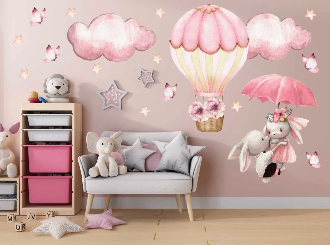Detské nálepky na stenu – pastelové králiky, balóny a motýle